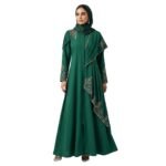 Front view of woman wearing an alternate design black abaya, full-length modest dress