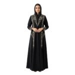 Front view of woman wearing a new design black abaya, full-length modest dress