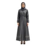 Front view of woman wearing a black abaya, full-length modest dress