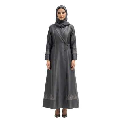 Front view of woman wearing a black abaya, full-length modest dress