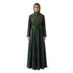 Front view of woman wearing a uniquely styled black abaya