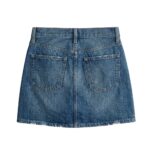 Back view of custom blue denim mini skirt showing rear pockets and stitching detail, manufactured by Eco Jersey Limited