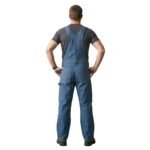 Back view of men’s overalls on plain background.