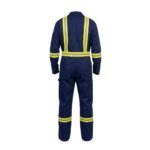 Back view of men’s navy industrial coveralls with elastic waistband and straight-leg design.