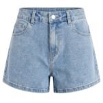 Baggy jeans shorts laid flat, casual denim shorts.