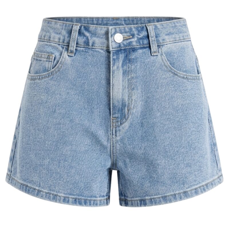 Baggy jeans shorts laid flat, casual denim shorts.