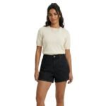 New model wearing black baggy jeans shorts.