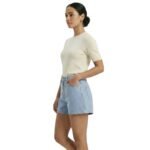 Side view of a model wearing baggy jeans shorts in a new pose.