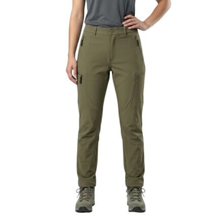 Front view of a model wearing waterproof hiking pants.