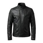 Men’s biker jacket front view on a plain background.