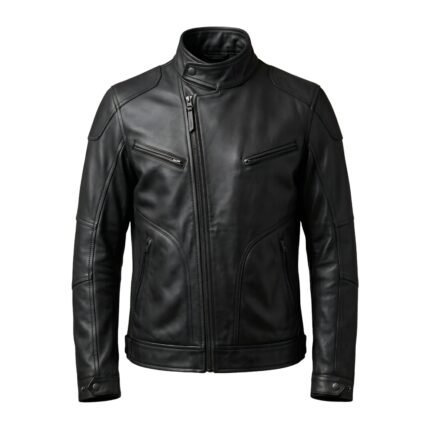 Men’s biker jacket front view on a plain background.