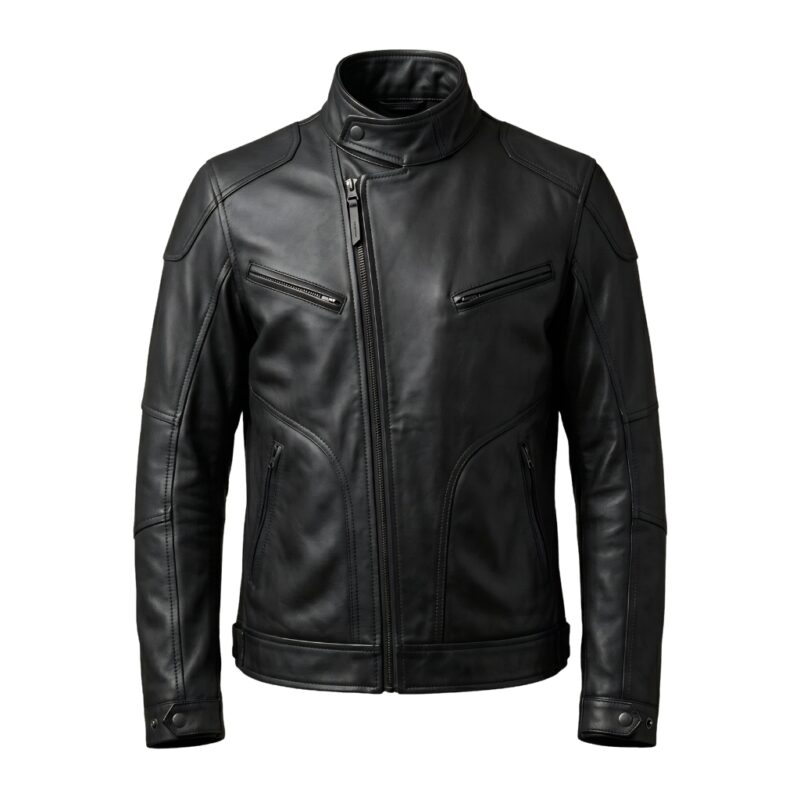 Men’s biker jacket front view on a plain background.