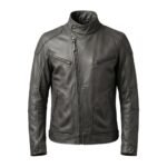 Dark mocha brown men’s biker jacket front view on a plain background.