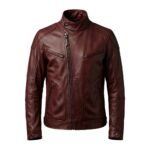 Close‑up view of a men’s biker jacket showing zipper, collar, and panel details.