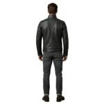 Male model wearing a men’s biker jacket, back view on a plain background.