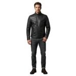 Male model wearing a men’s biker jacket, front view on a plain background.