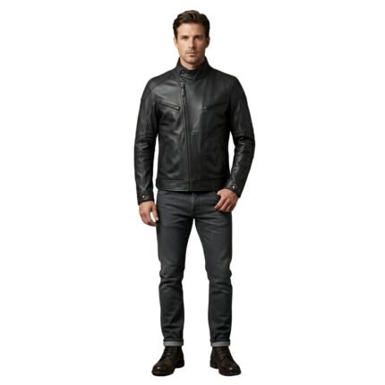 Male model wearing a men’s biker jacket, front view on a plain background.