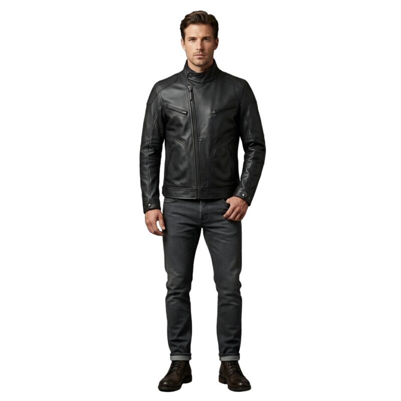 Male model wearing a men’s biker jacket, front view on a plain background.