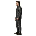 Male model wearing a men’s biker jacket, side view on a plain background.