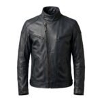 Olive sage green men’s biker jacket front view on a plain background.