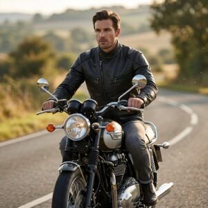 Man wearing a biker jacket riding a motorcycle on the road.