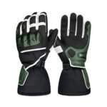 Black and green heated motorbike gloves displayed on a plain background, showing insulated design and reinforced protection.