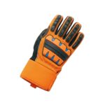 Brown and black workwear glove, front product view on plain background.