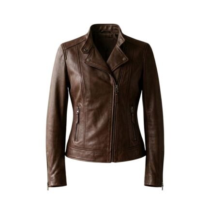 Women’s brown leather biker jacket front view on plain background.