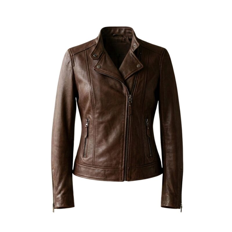 Women’s brown leather biker jacket front view on plain background.