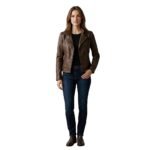 Woman wearing a brown leather biker jacket shown from the front.