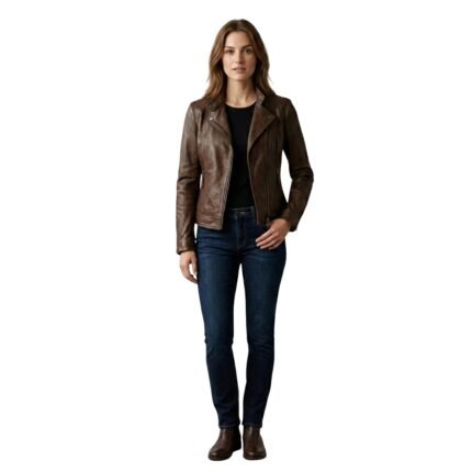 Woman wearing a brown leather biker jacket shown from the front.