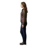 Woman wearing a brown leather biker jacket shown from the side.