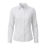 Custom white women’s button-down blouse on ghost mannequin – custom corporate workwear shirt