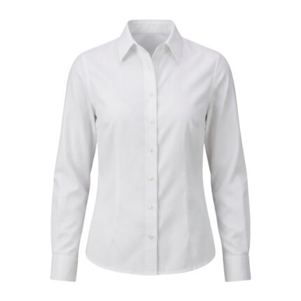 Custom white women’s button-down blouse on ghost mannequin – custom corporate workwear shirt