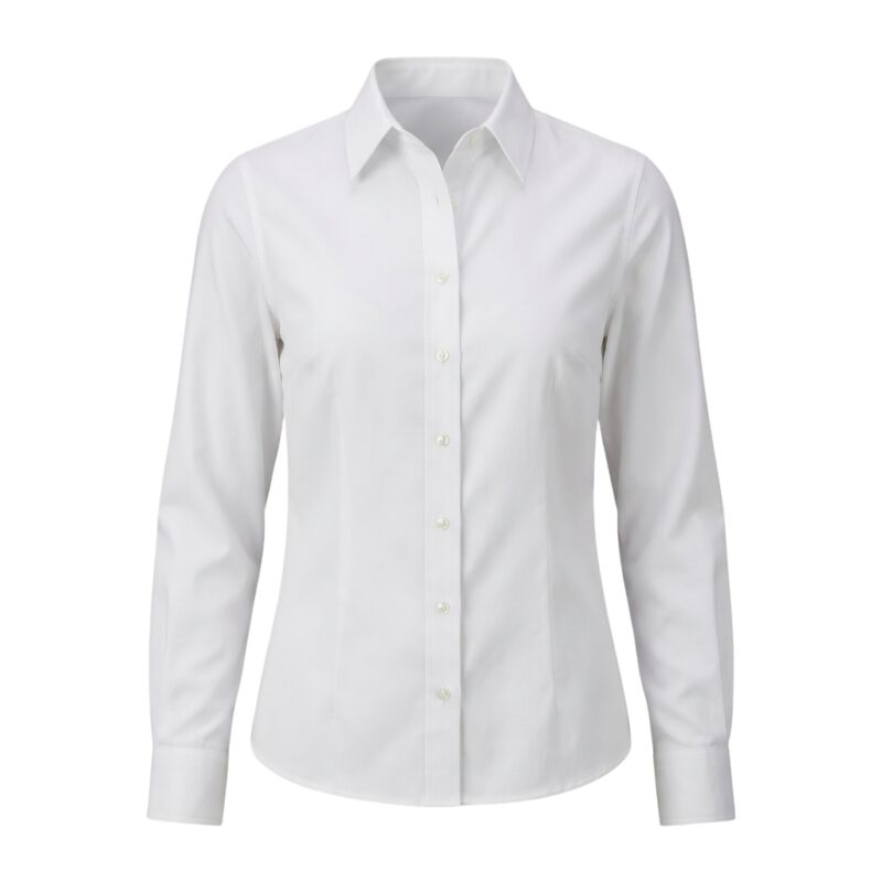 Custom white women’s button-down blouse on ghost mannequin – custom corporate workwear shirt