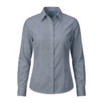Custom dark slate blue women’s button-down blouse on ghost mannequin – custom corporate workwear shirt