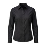 Custom black women’s button-down blouse on ghost mannequin – custom corporate workwear shirt