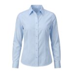 Custom light blue women’s button-down blouse on ghost mannequin – custom corporate workwear shirt