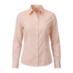 Custom light peach-orange women’s button-down blouse on ghost mannequin – custom corporate workwear shirt