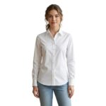 Female model wearing custom white button-down blouse front view – custom women’s corporate workwear shirt