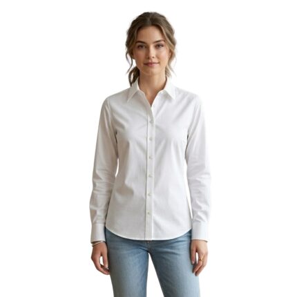 Female model wearing custom white button-down blouse front view – custom women’s corporate workwear shirt