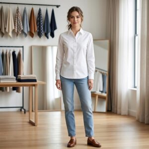 Female model wearing custom white button-down blouse with jeans in clothing sample room – custom women’s workwear