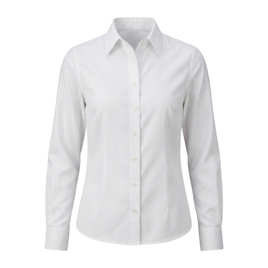 button-down blouses Custom white women’s button-down blouse on ghost mannequin – custom corporate workwear shirt