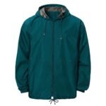 Dark teal camping jacket front view on a plain background.