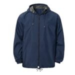 Navy and gray camping jacket front view on a plain background.