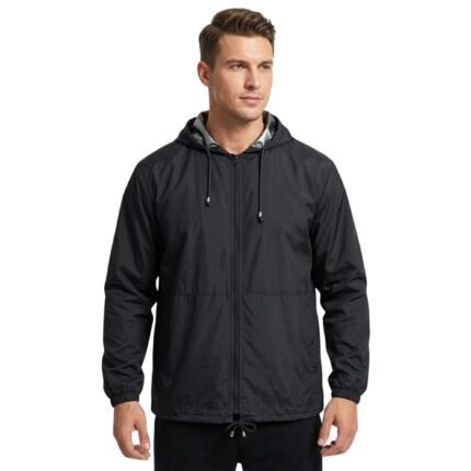 Man wearing a camping jacket, front view on a plain background.