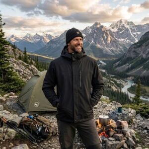Man wearing a camping jacket standing outdoors with mountains in the background.