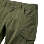 Close-up of olive green cargo work pants waist and cargo pocket detail – custom workwear construction quality