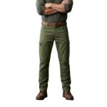 Male model wearing custom olive green cargo work pants with grey work shirt – custom workwear trousers full view