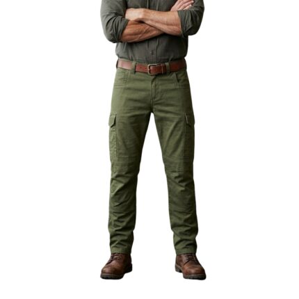Male model wearing custom olive green cargo work pants with grey work shirt – custom workwear trousers full view